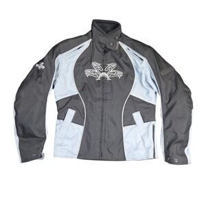 Vtg FRANK THOMAS Lady Rider Light‎ Blue Black Padded Motorcycle Jacket Sz Small